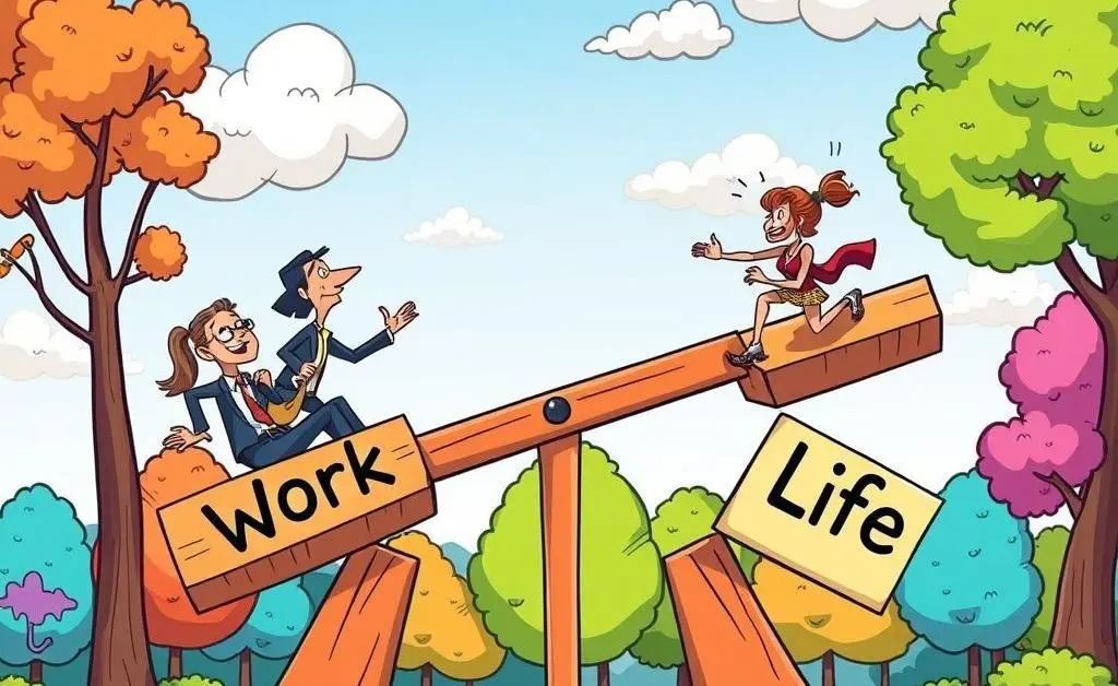 A seesaw with 'Work' on one side and 'Life' on the other, balancing precariously