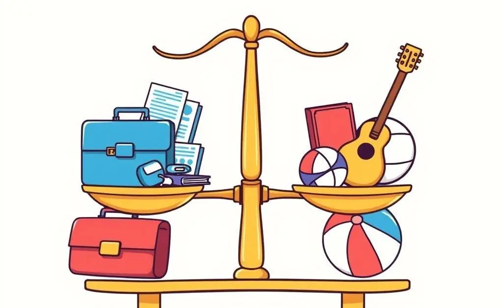 Cartoon drawing of a balance scale with work and leisure symbols