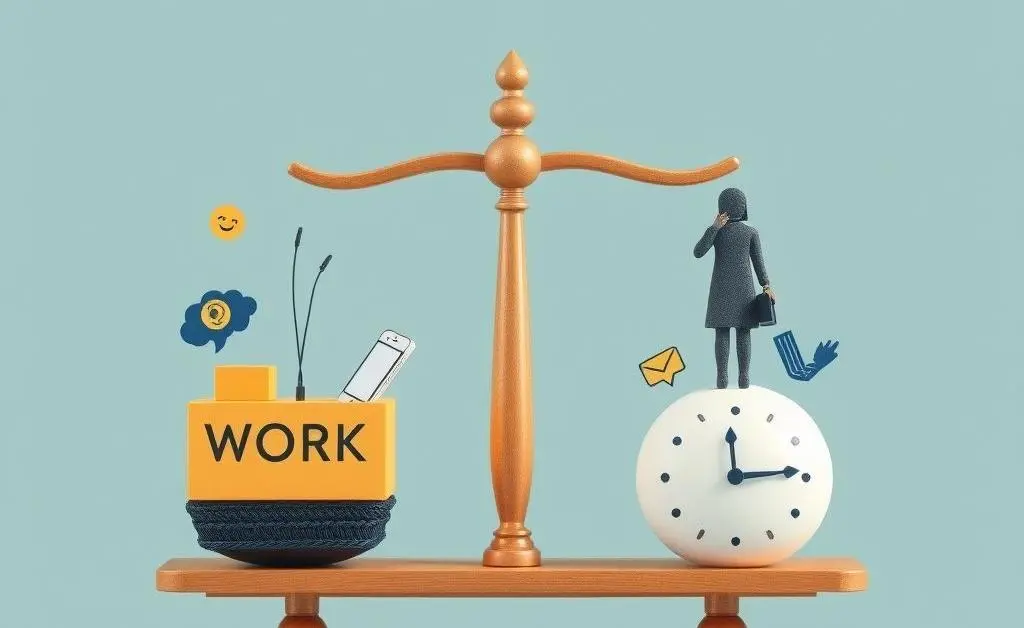 A balanced scale with work elements on one side and personal life elements on the other.