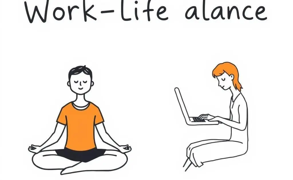 Illustration of person meditating alongside working on a laptop.
