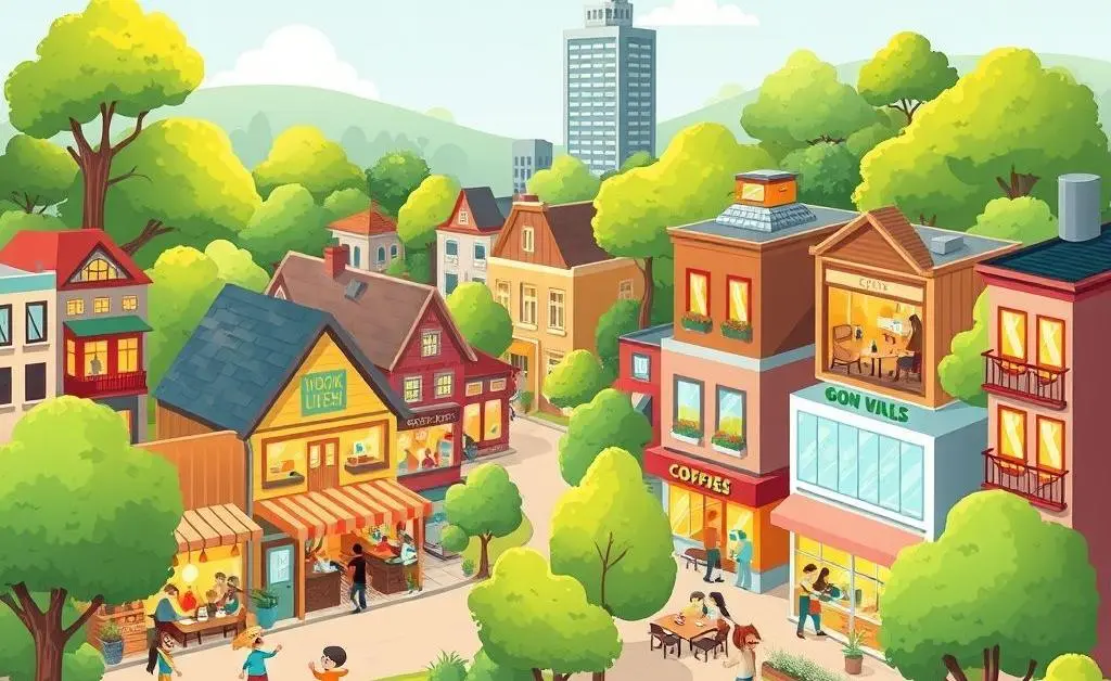 A town with various work-life balance elements like parks cafes and workspaces