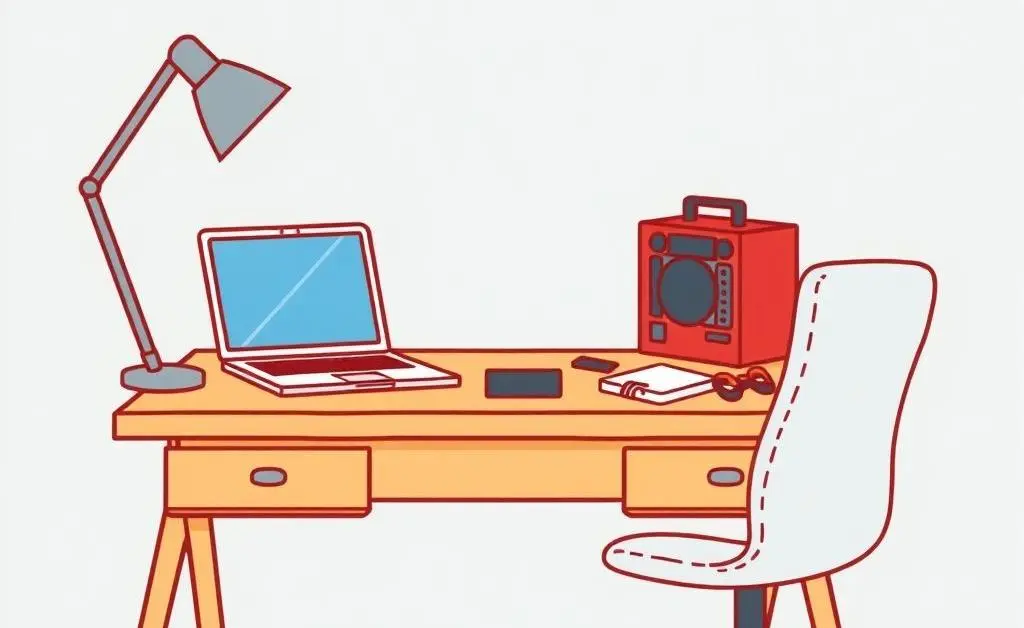 Illustration of a desk with a laptop on one side and a hobby kit on the other.