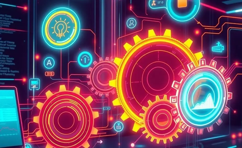 A visual representation of a workflow transformation process with digital tools in motion.