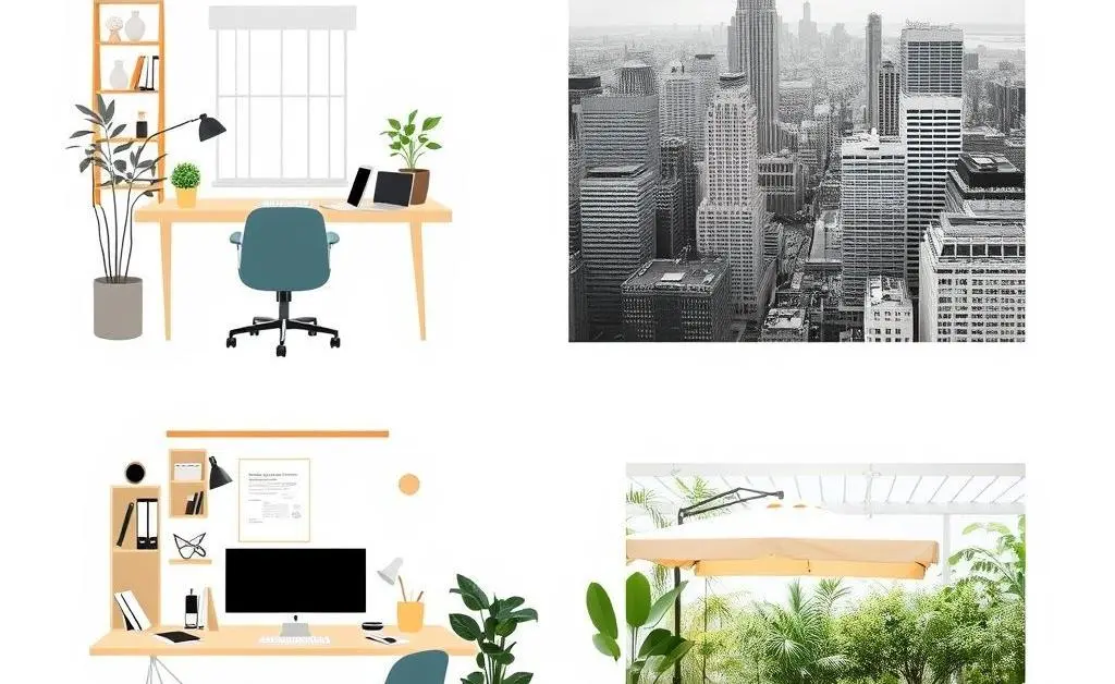 Collage of diverse work environments.