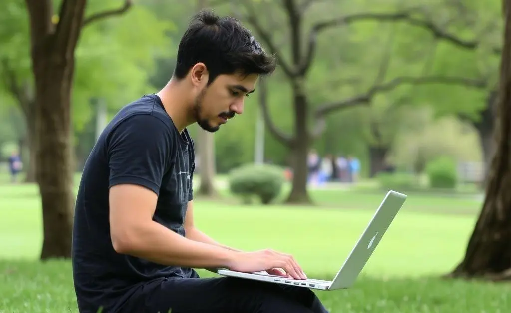 An individual working on a laptop while sitting in a park, surrounded by nature.