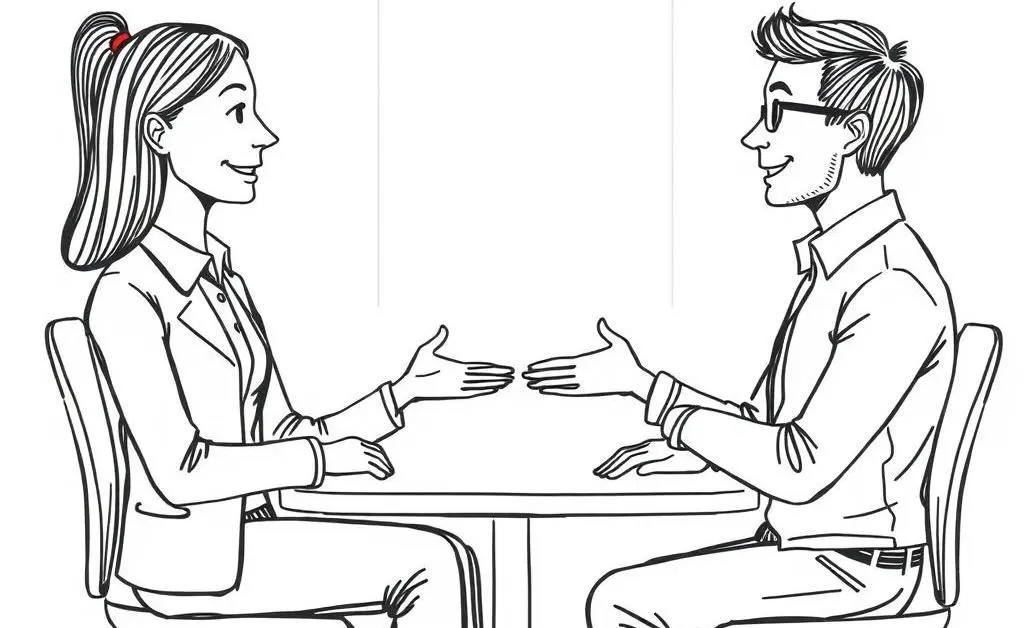 Two colleagues having a constructive conversation in an office setting.