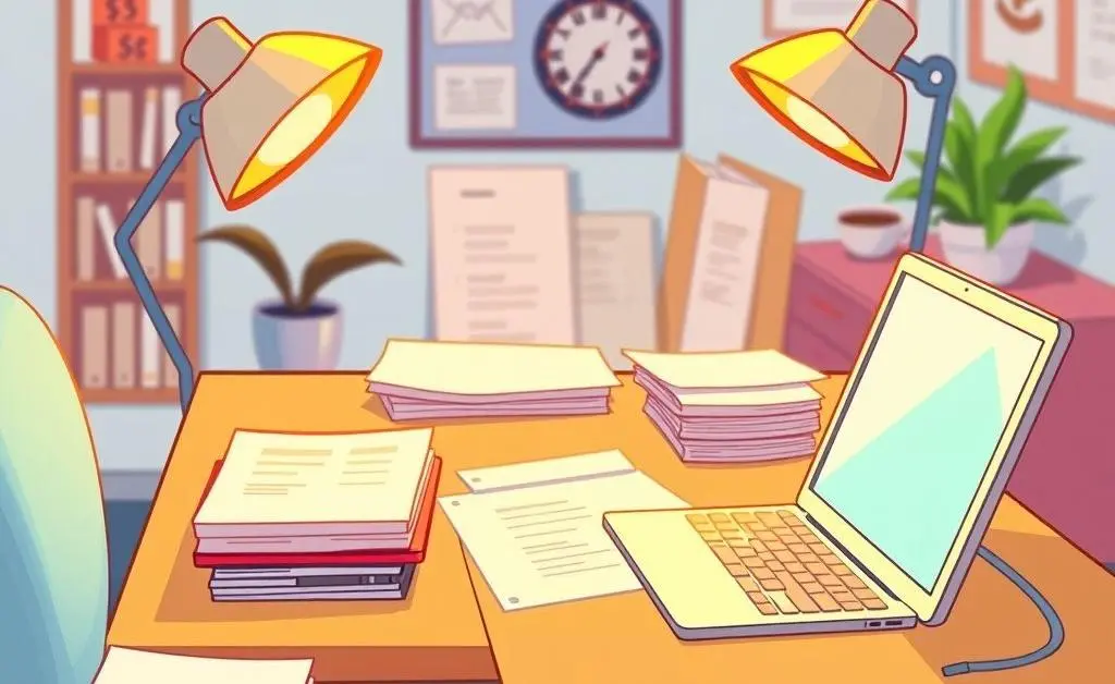 A desk with organized documents, a laptop, and a calculator