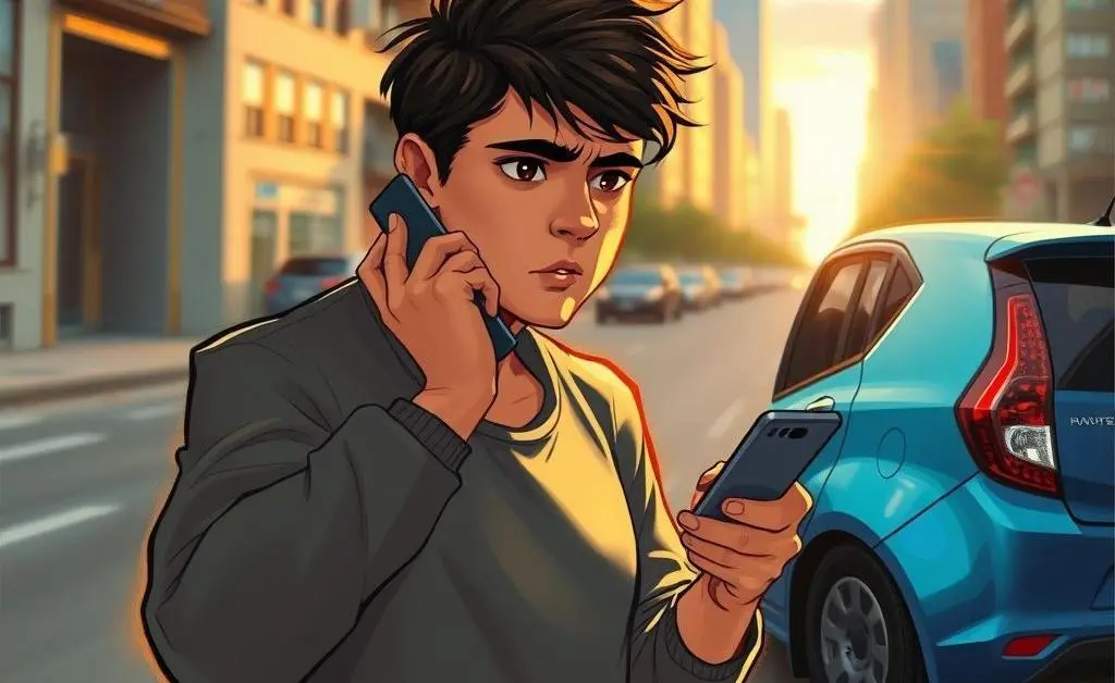 A worried person talking on the phone near a damaged car.