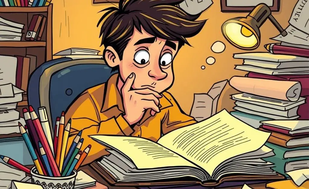 A cartoon of a writer pondering over a notebook