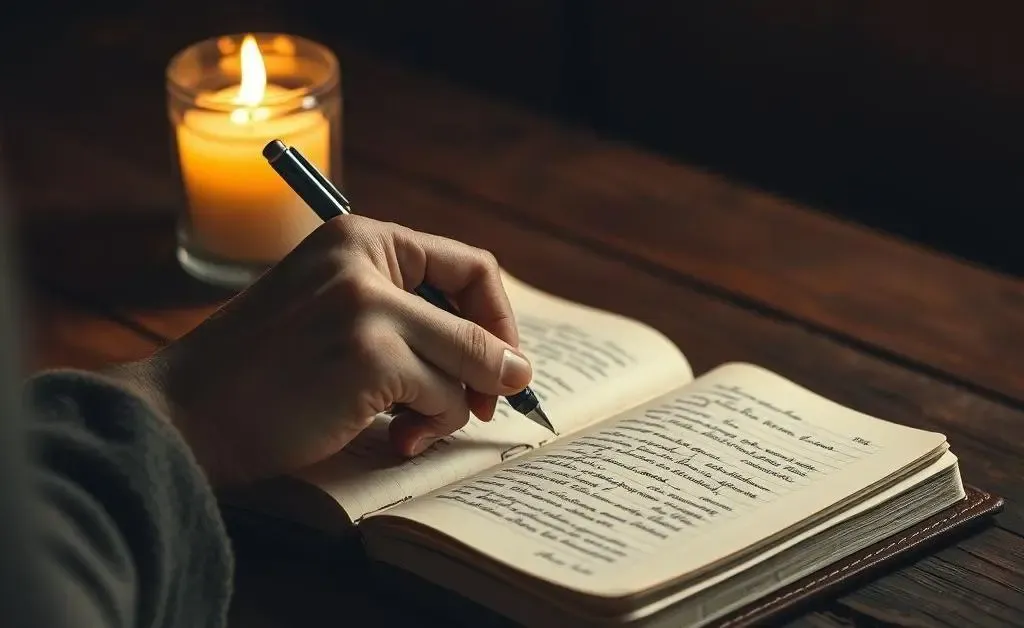 A hand writing in a journal, with a calming candle beside it