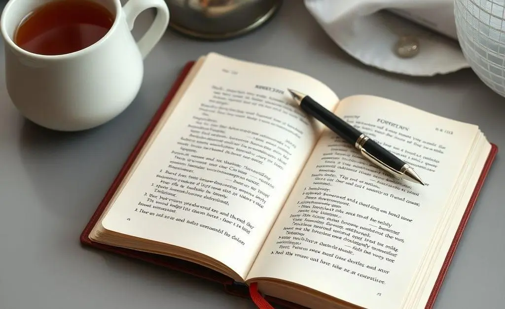 A cozy desk scene with an open journal, pen, and a cup of tea.