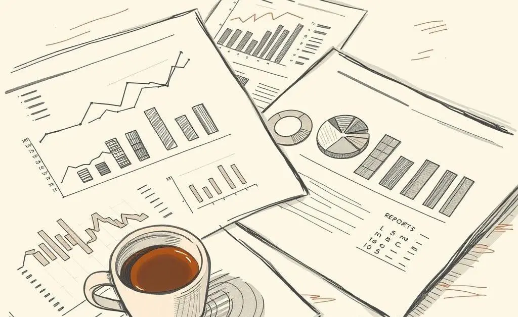 Charts and financial reports on a desk with a cup of coffee