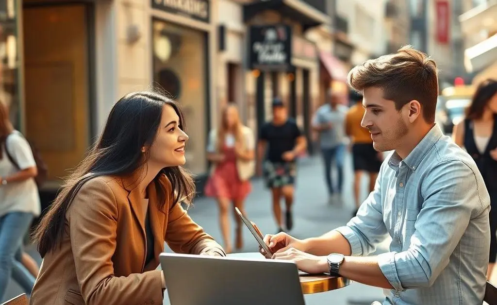 Two young adults sitting at a cafe table, discussing investments while one types on a laptop.