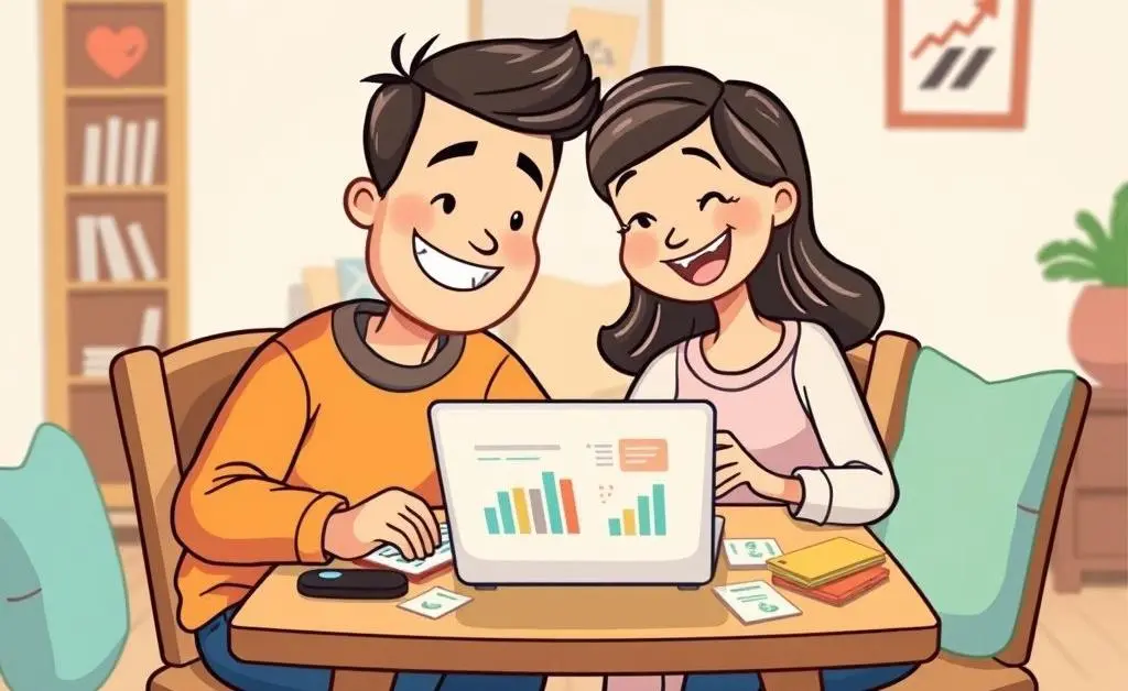 A cartoon couple sitting at a table budgeting with a laptop open and various bills on the table.