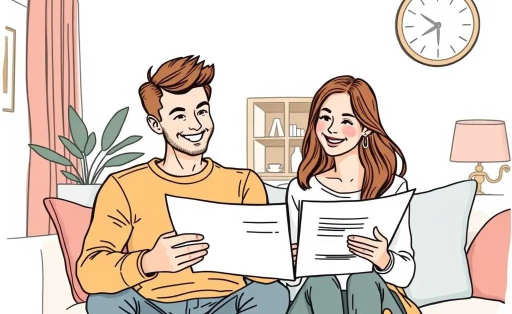 Young couple discussing insurance with smiles.