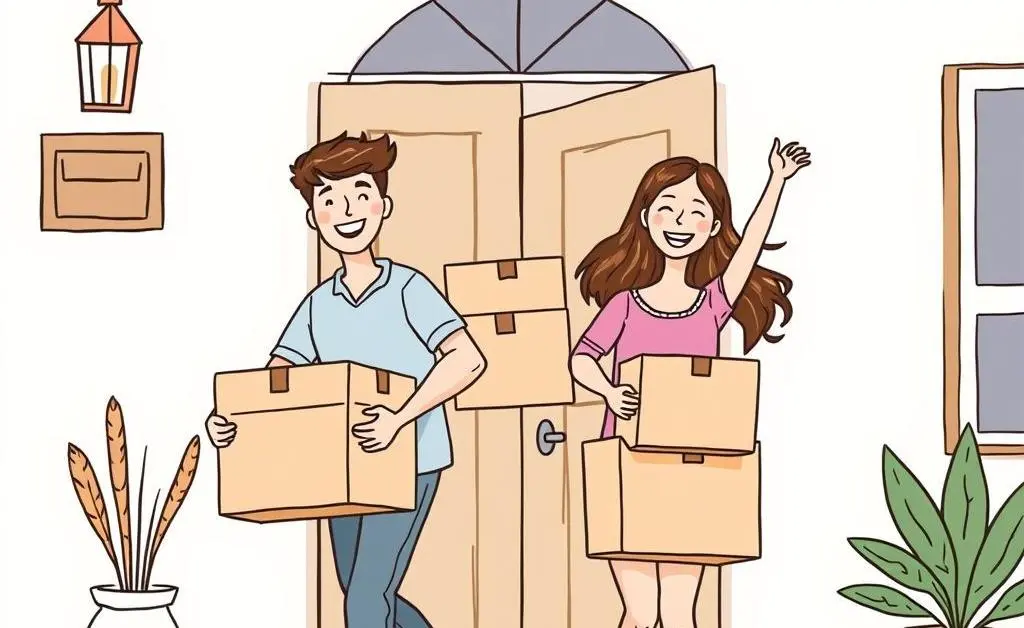 A young couple joyfully moving boxes into a new home, depicted in a hand-drawn style.