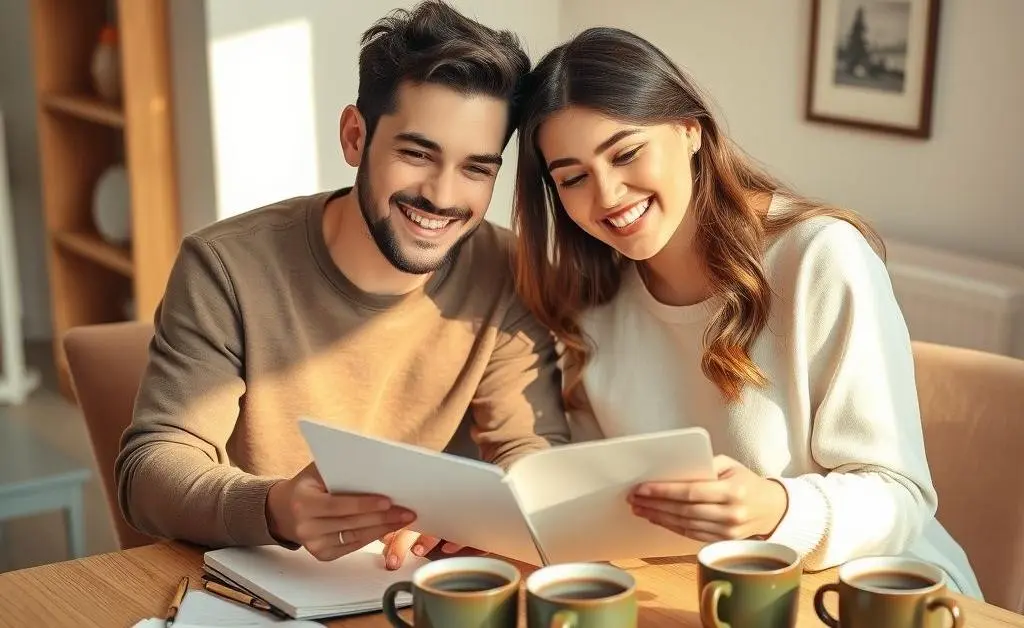 Young couple happily planning their finances at a table.