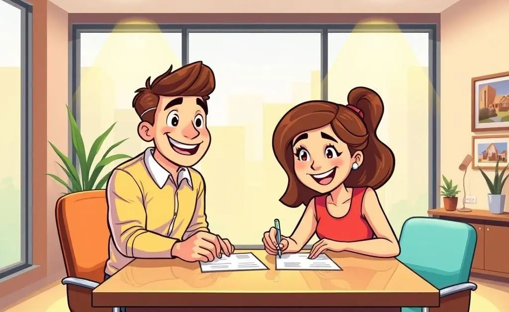 A young couple signing a contract in a realtor's office