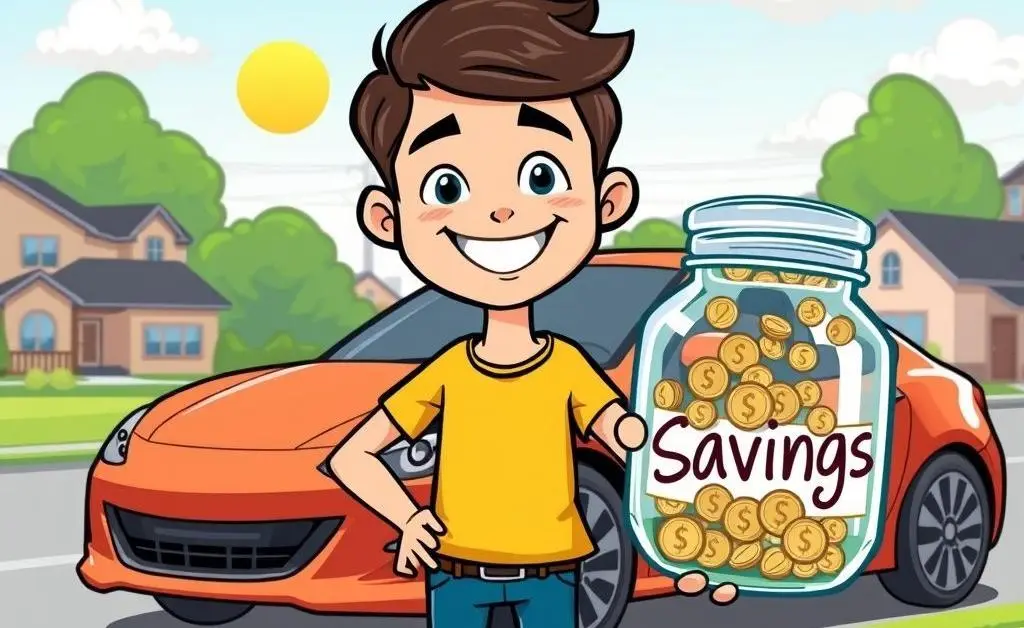 A young driver looking happy with a jar labeled 'Savings' from car insurance.