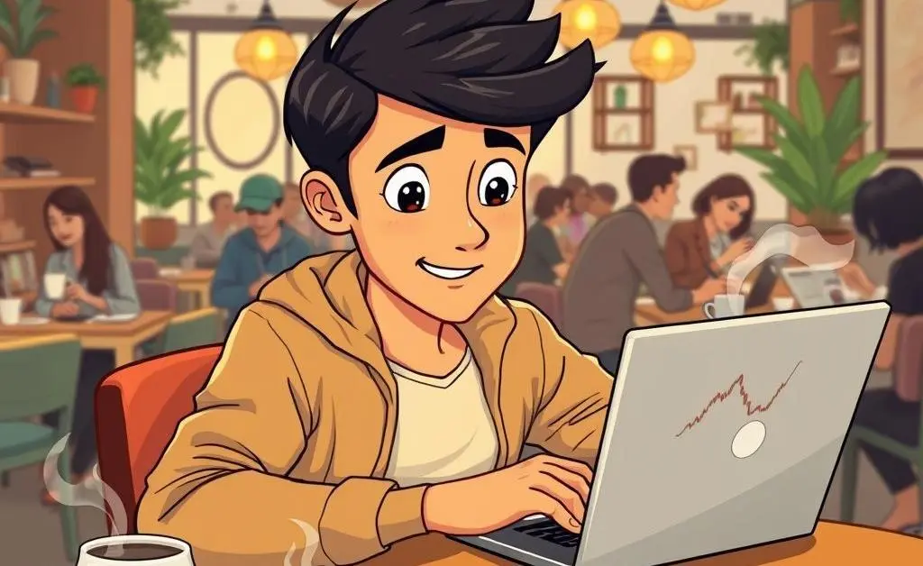 Young investor researching at a coffee shop