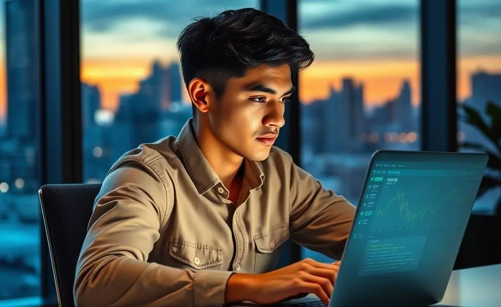 A young investor pondering financial decisions at their desk.