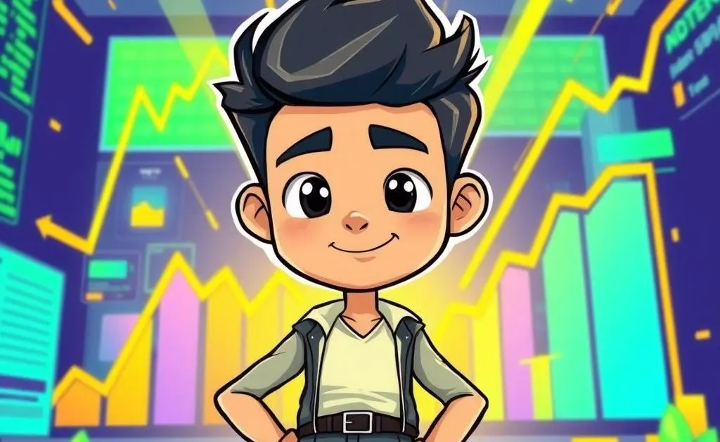 A young investor confidently standing against stock market charts