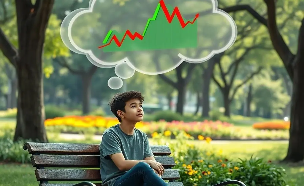A young person sitting on a park bench, thinking, with a stock graph cloud bubble above their head.