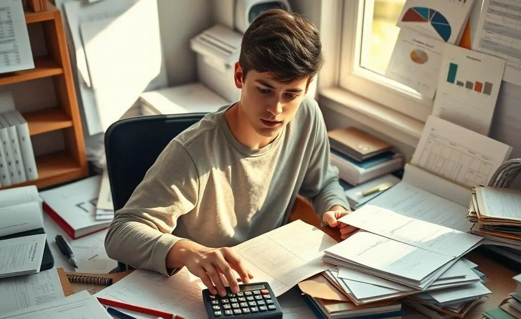 A young person planning their budget with papers and a calculator.