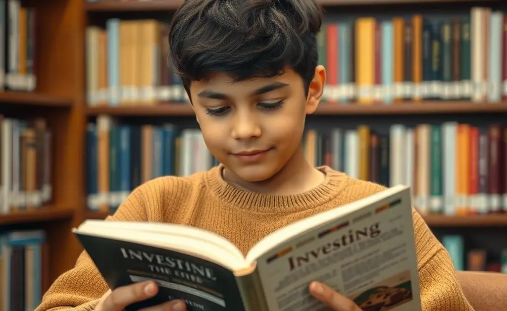 A young person reading a book on investing in a cozy library setting