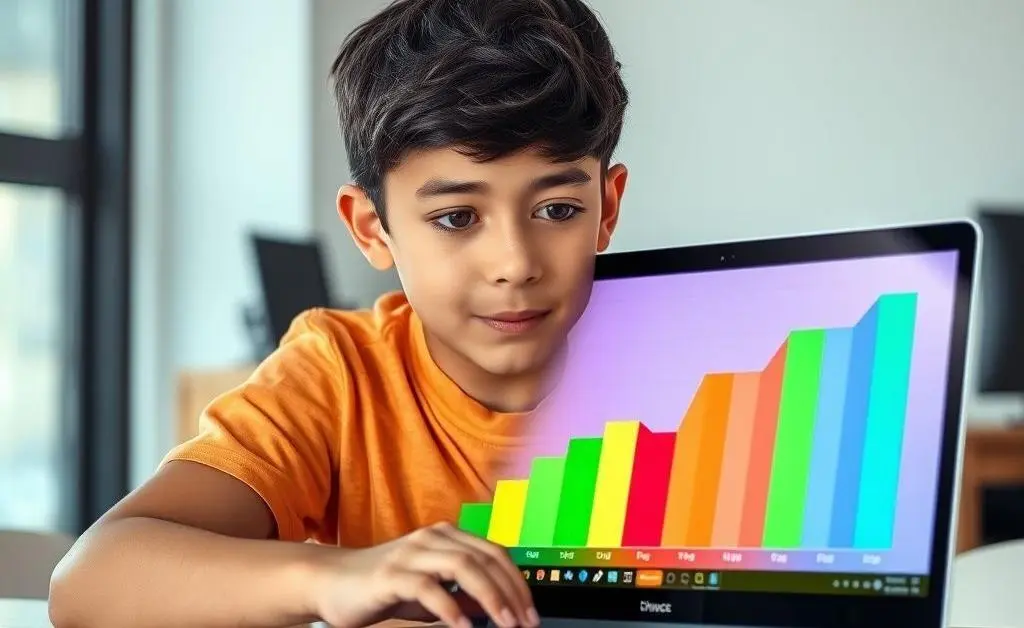 A young person analyzing a colorful investment growth chart