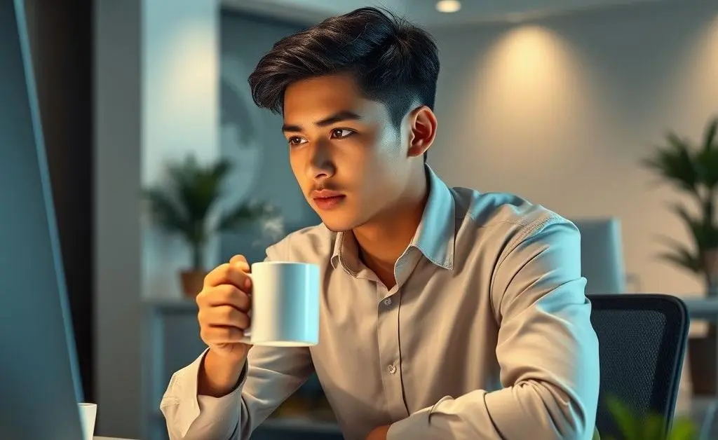 A young professional sitting at a desk, looking thoughtful while holding a cup of coffee.