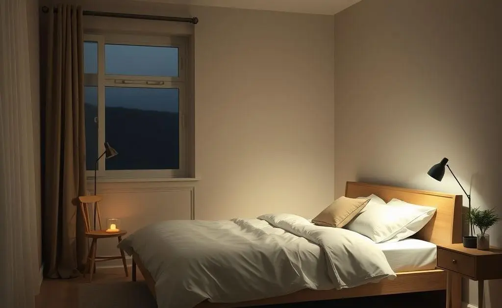 A peaceful bedroom setting with a neatly made bed and gentle lighting