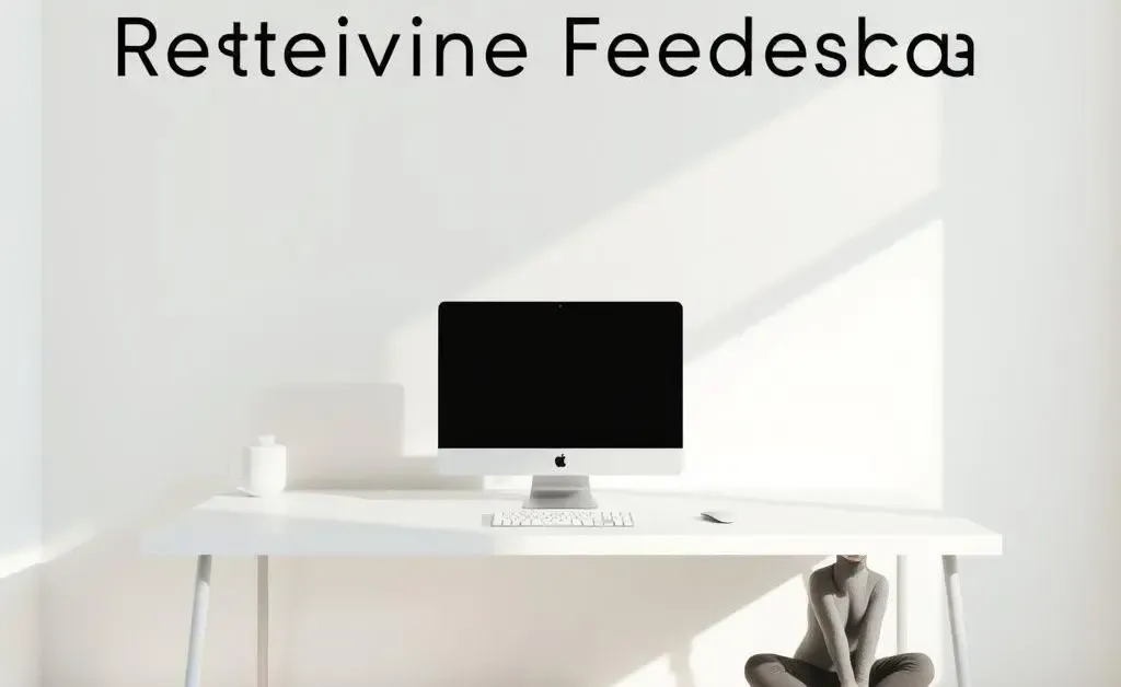 A minimalist desk with a computer and a person meditating nearby, suggesting a calm approach to feedback.