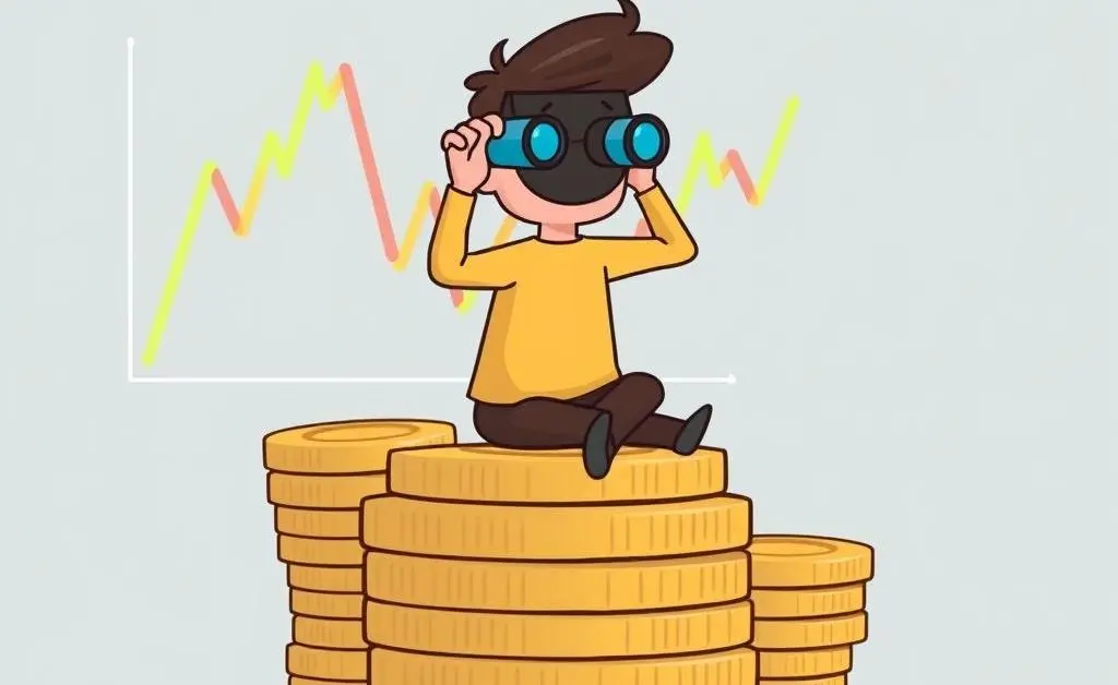 A cartoon of a person sitting on a stack of coins looking through binoculars at a stock market graph.