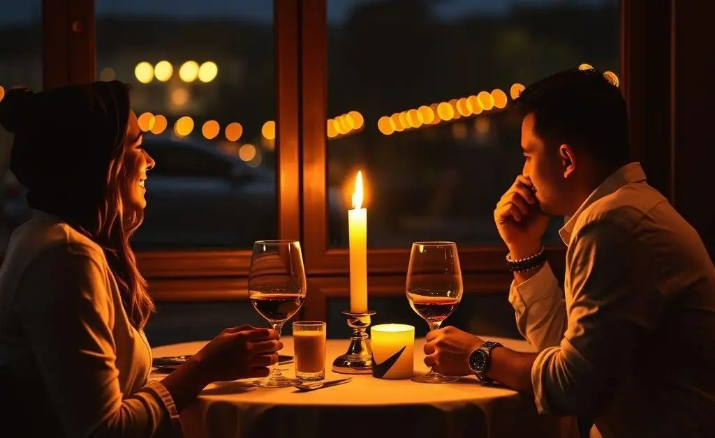 A romantic dinner setup with candles