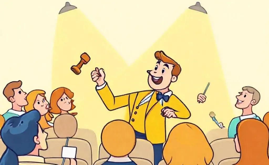 A simplistic auction scene with a cartoon auctioneer and audience