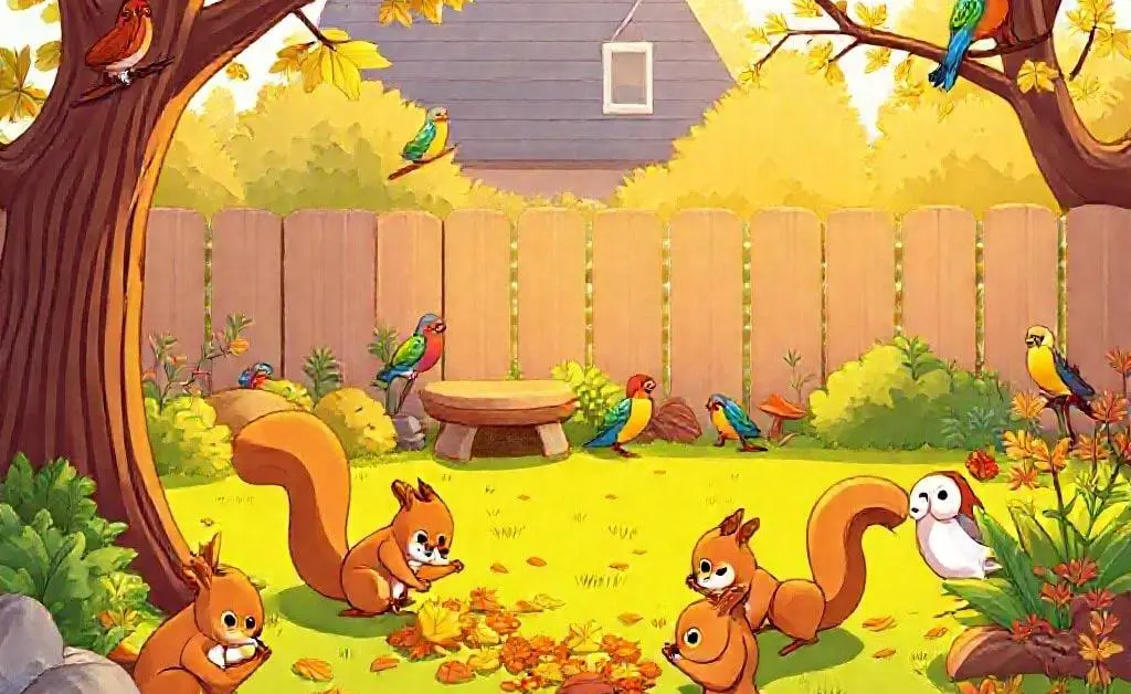Backyard with local wildlife like squirrels and birds feasting.