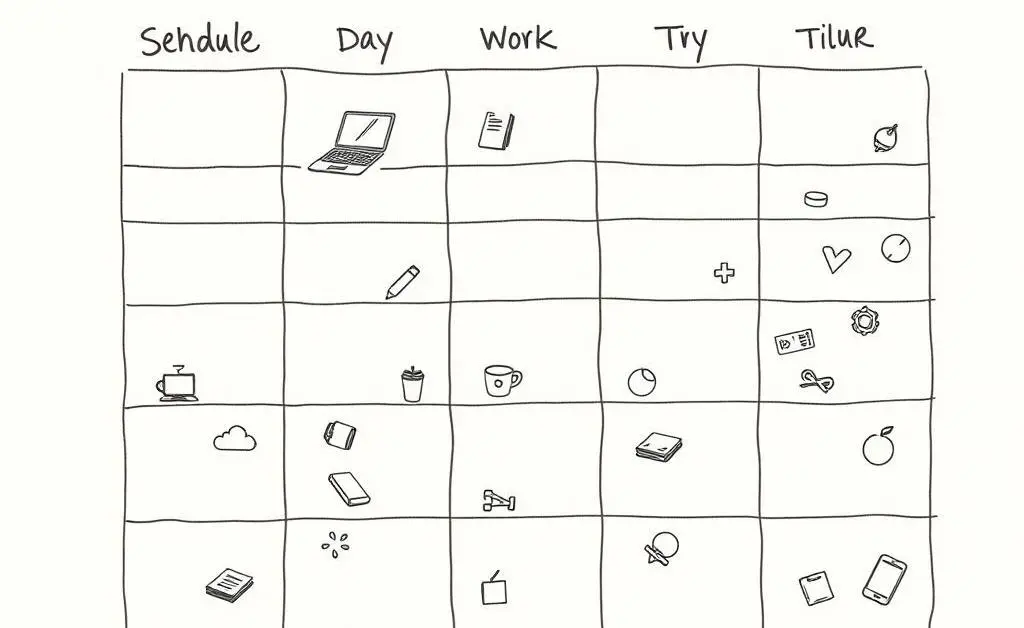 A hand-drawn image showing a balanced lifestyle with work, play, and rest.