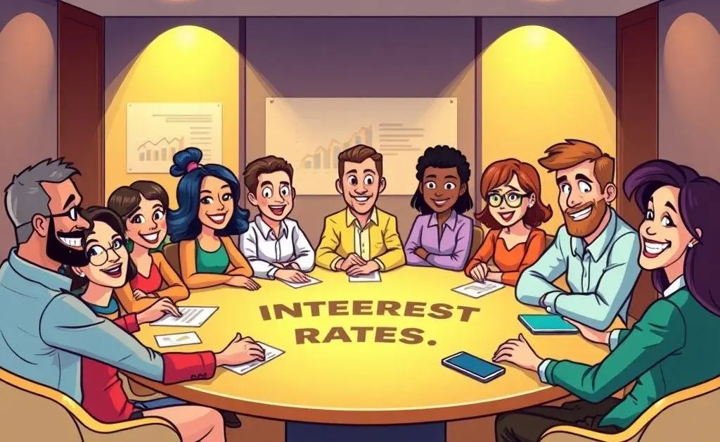 Cartoon characters discussing a bank audit report