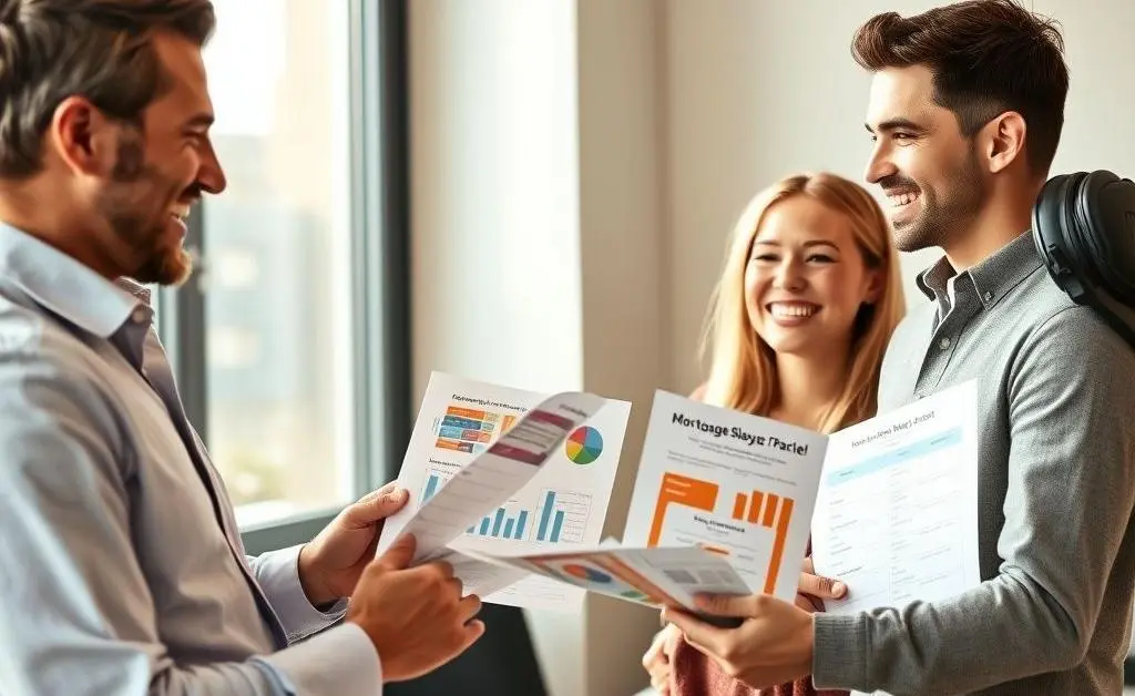 A friendly bank representative meeting with a couple to discuss mortgage options.