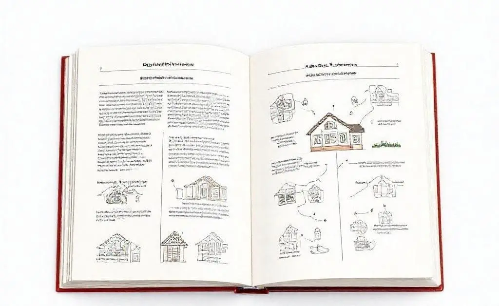 An open real estate guidebook with simple diagrams and illustrations