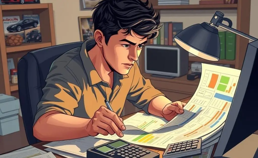 Budget analysis with charts and car models on a desk.