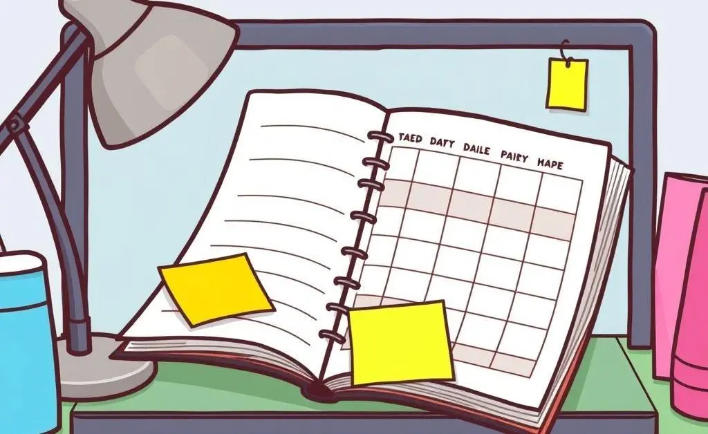 A cartoon-style desk with a budget planner, calculator, and eyeglasses.