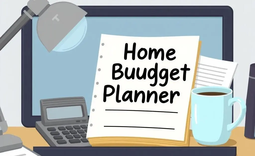 Desk with a budget planner and coffee cup