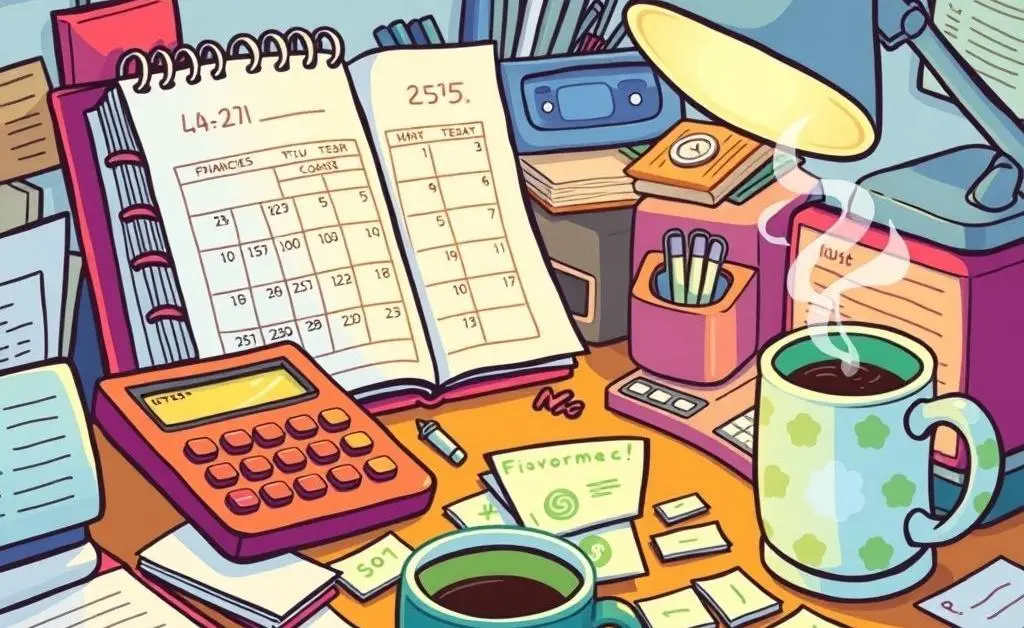A cartoon-style desk with a budget planner, coffee cup, and calculator.