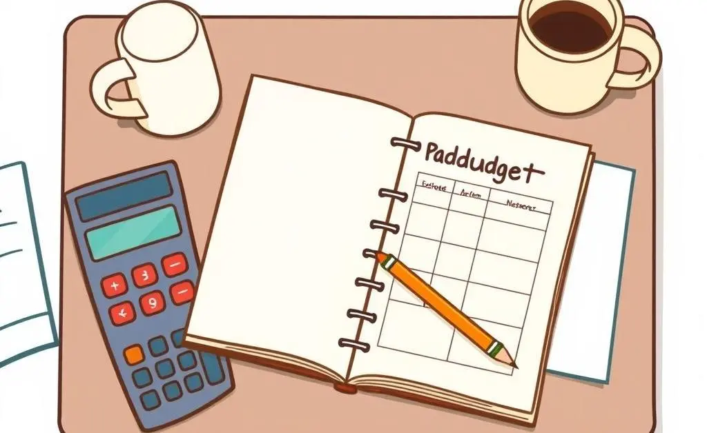 A desk with a budget planner and financial newspaper