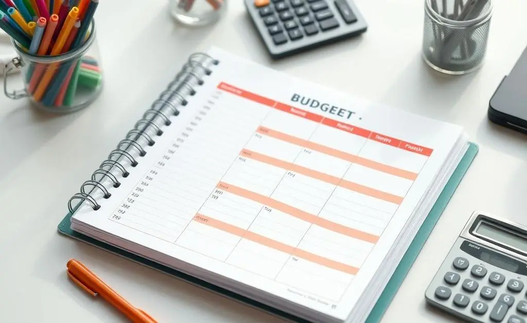 A neat desk with a detailed budget planner