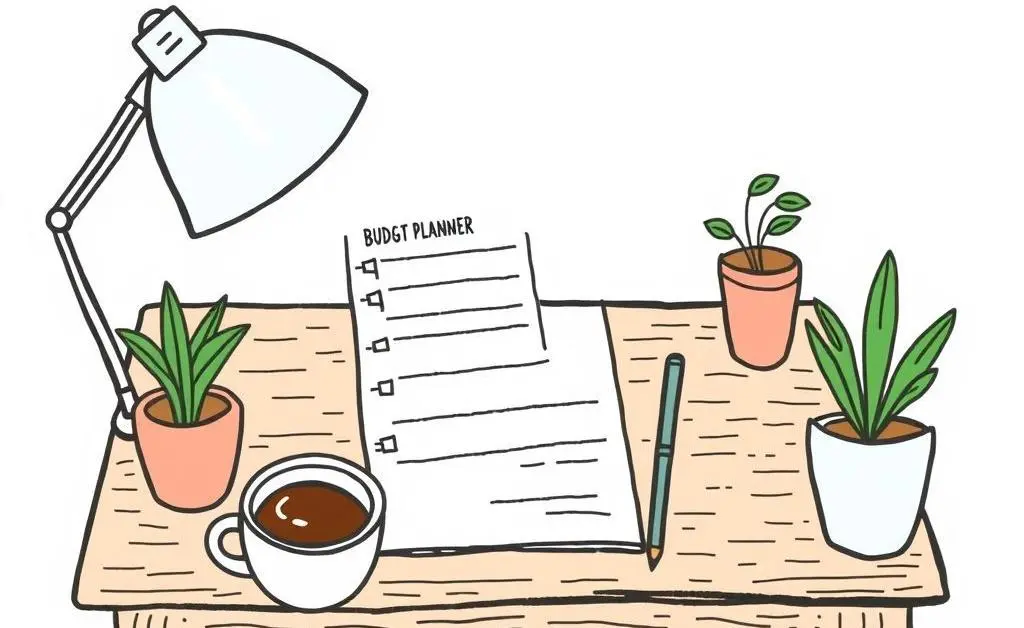 Clean desk with a budget planner, calculator, and small potted plant.