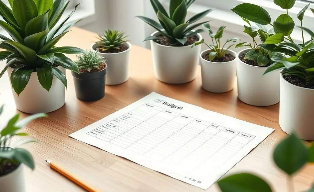 A desk with an open budget planner, pen, and a small potted plant
