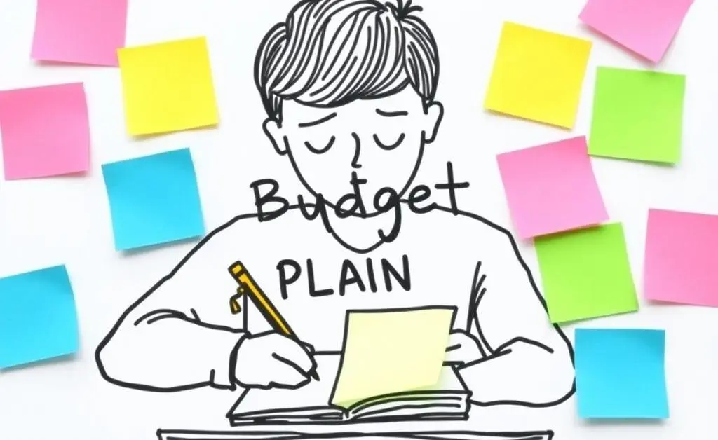 A budget planning chart with sticky notes and directional arrows.
